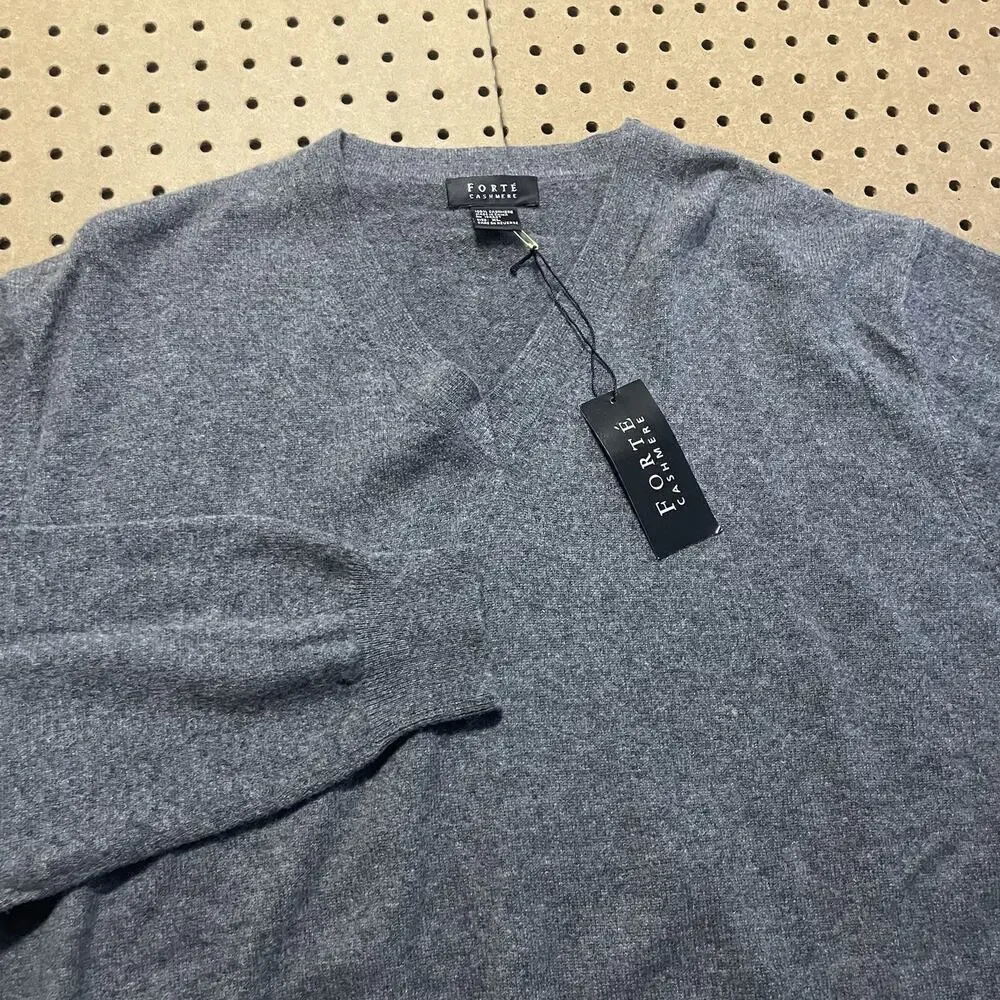 NWT Forte Sweater Mens XL Dark Gray Pure Cashmere V Neck Knit Jumper